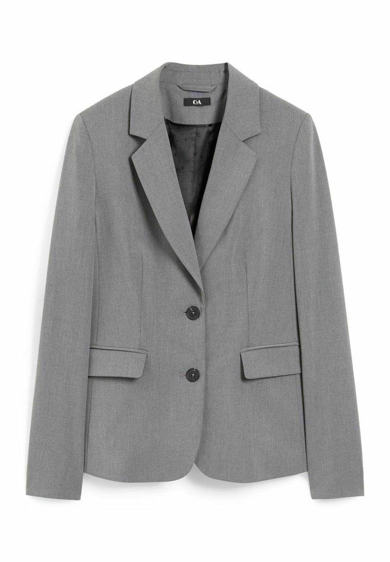 Blazer gris pour femme avec deux boutons noirs, col cranté, poches à rabat et doublure intérieure noire à pois.