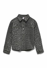 Veste en denim gris avec un motif léopard, fermeture à boutons sur le devant, col pointu et manches longues. Surface texturée avec des détails cousus.