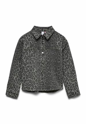 Veste en denim gris avec un motif léopard, fermeture à boutons sur le devant, col pointu et manches longues. Surface texturée avec des détails cousus.