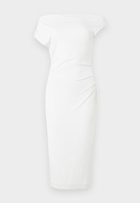 White off-the-shoulder dress made of smooth stretch fabric, fitted silhouette, knee-length, featuring gathered detailing at the waist.
