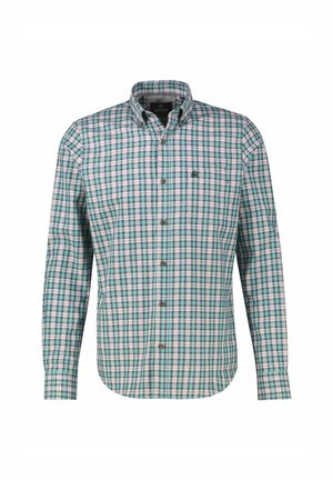 Herren Button-Up-Hemd mit einem mehrfarbigen Karomuster in Grün, Blau und Pink, klassischem Kragen und langen Ärmeln.