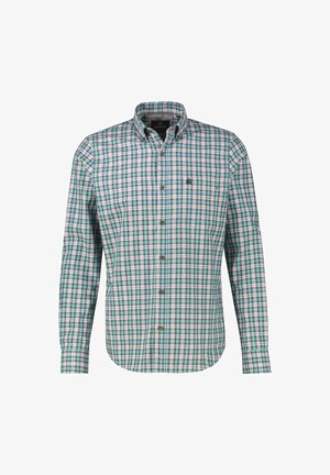 Męska koszula zapinana na guziki z wielokolorowym wzorem w kratę w odcieniach zieleni, niebieskiego i różowego, z klasycznym kołnierzykiem i długimi rękawami.