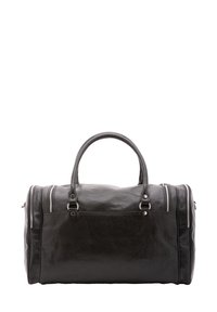 Borsa duffel nera realizzata in ecopelle testurizzata. Presenta manici superiori doppi, due tasche con zip e dettagli in metallo argentato. Forma arrotondata.