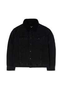 Giacca in denim nera con colletto foderato in sherpa, due tasche frontali, chiusura con bottoni e vestibilità dritta.