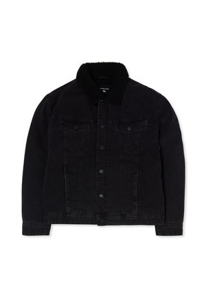 Giacca in denim nera con colletto foderato in sherpa, due tasche frontali, chiusura con bottoni e vestibilità dritta.