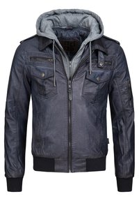 Navy blue faux leather jacket with grey hoodie, front zip closure, multiple pockets, ribbed cuffs, and collar detail.