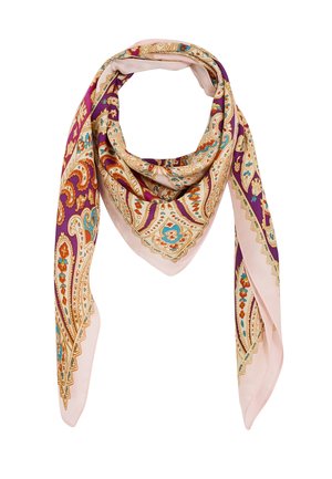 Foulard carré en soie à motif paisley en crème, violet, turquoise et orange, plié en drapé triangulaire.