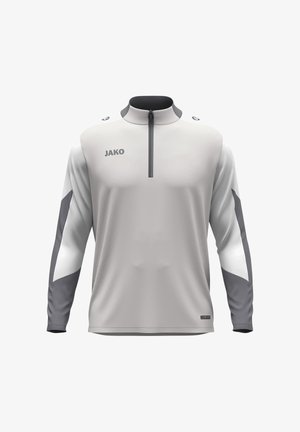 Grau sportlicher Pullover mit hohem Kragen und Viertelreißverschluss. Hat dunkelgraue Seitenpaneele und ein "JAKO"-Logo auf der Brust. Glatte Textur.