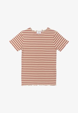 Striped short-sleeve t-shirt in rust and cream, featuring a ribbed texture and a scalloped neckline. Hem is slightly frayed.