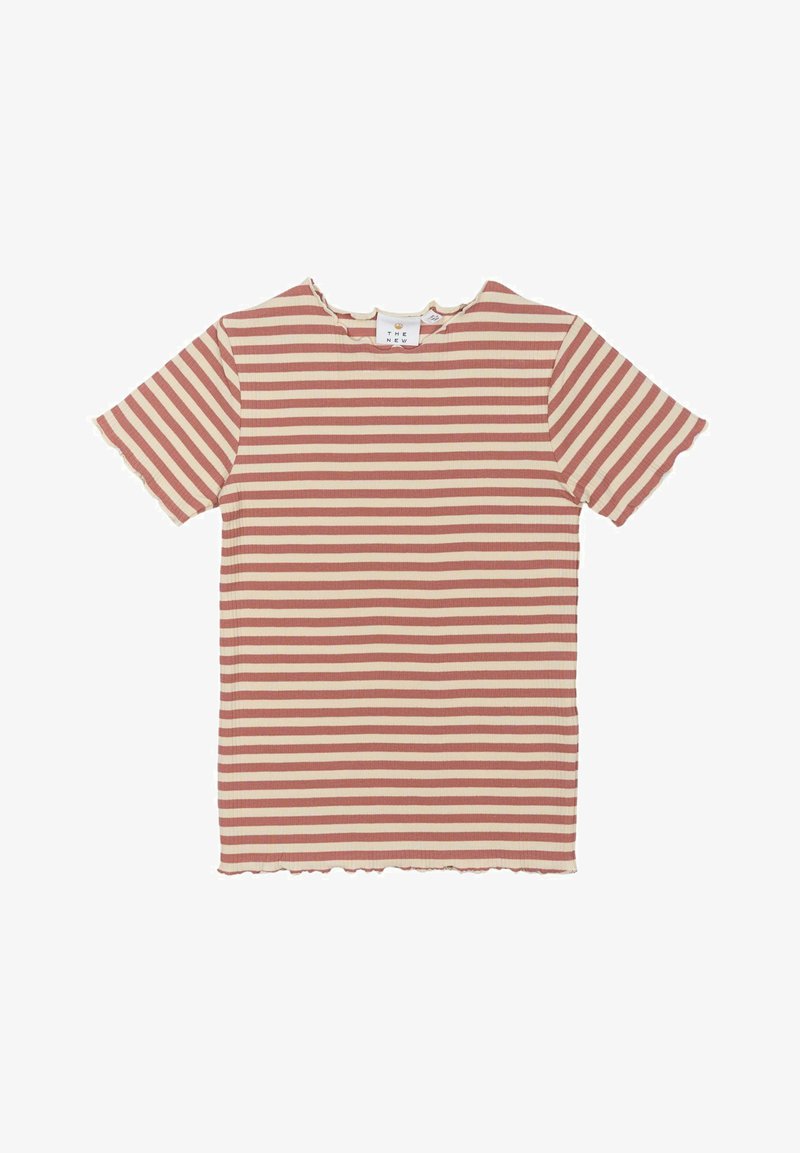 Triibuline lühikeste varrukatega T-särk roostes ja kreemjas, omades ribakonstruktsiooni ning lainelist kaelust. Hem on veidi kulunud.