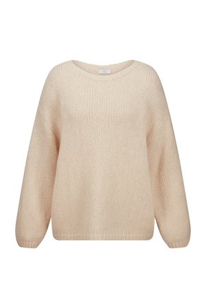Soft beige knitted sweater with long sleeves and a round neckline, featuring a loose fit and ribbed cuffs and hem.