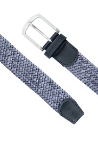 Granatowy elastyczny pasek pleciony z metalową klamrą w kolorze srebrnym, z skórzanym końcem i wytłoczonym logo. Teksturowana plecionka i trwałe materiały.