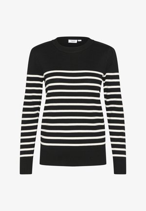 Juodas ir baltas dryžuotas megztinis su apvaliu kaklu, ilgomis rankovėmis ir rangomis prie rankovių ir apačios. Pagamintas iš minkštos mezgimo medžiagos.