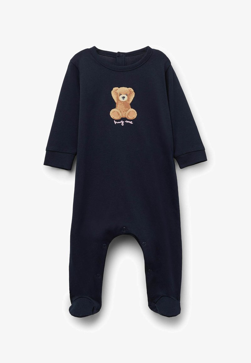 Body bébé bleu marine à manches longues, pieds intégrés, avec un motif d'ours en peluche et le texte "serre-moi" sur la poitrine.