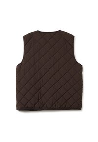Gilet marrone imbottito con motivo a rombi, design senza maniche e collo rotondo. Texture morbida e dettagli di cucitura sottili lungo i bordi.