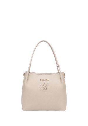 Beige leather handbag with two handles, gold logo text, and perforated heart-shaped design with initials on the front.
