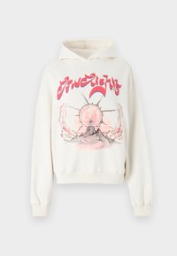 Cream-colored hoodie featuring a graphic design with a sun and mountain motif in pink and gray. Loose fit, ribbed cuffs, and hem.