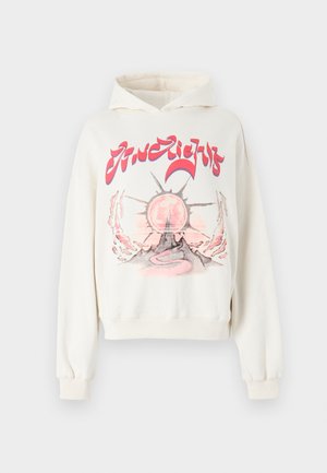 Cream-colored hoodie featuring a graphic design with a sun and mountain motif in pink and gray. Loose fit, ribbed cuffs, and hem.