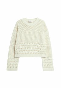 Dzianinowy sweter w kolorze kości słoniowej, krótki, z misternymi wzorami koronkowymi, okrągłym dekoltem oraz długimi rękawami z prążkowanymi mankietami i dołem.