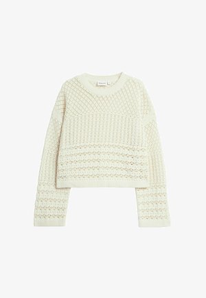 Neulettu valkoinen lyhyt villapaita, jossa on monimutkaiset pitsikuviot, pyöreä kaula-aukko ja pitkät hihat, joissa on ribbireunat ja helma.