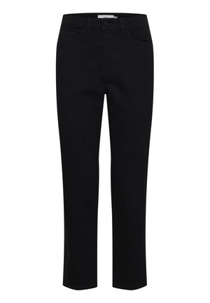 Schwarze Baumwollhose mit geradem Schnitt. Verfügt über fünf Taschen und einen vorderen Knopfverschluss. Glatte Textur, minimale Nähdetails.