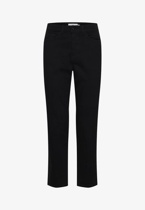 Schwarze Baumwollhose mit geradem Schnitt. Verfügt über fünf Taschen und einen vorderen Knopfverschluss. Glatte Textur, minimale Nähdetails.