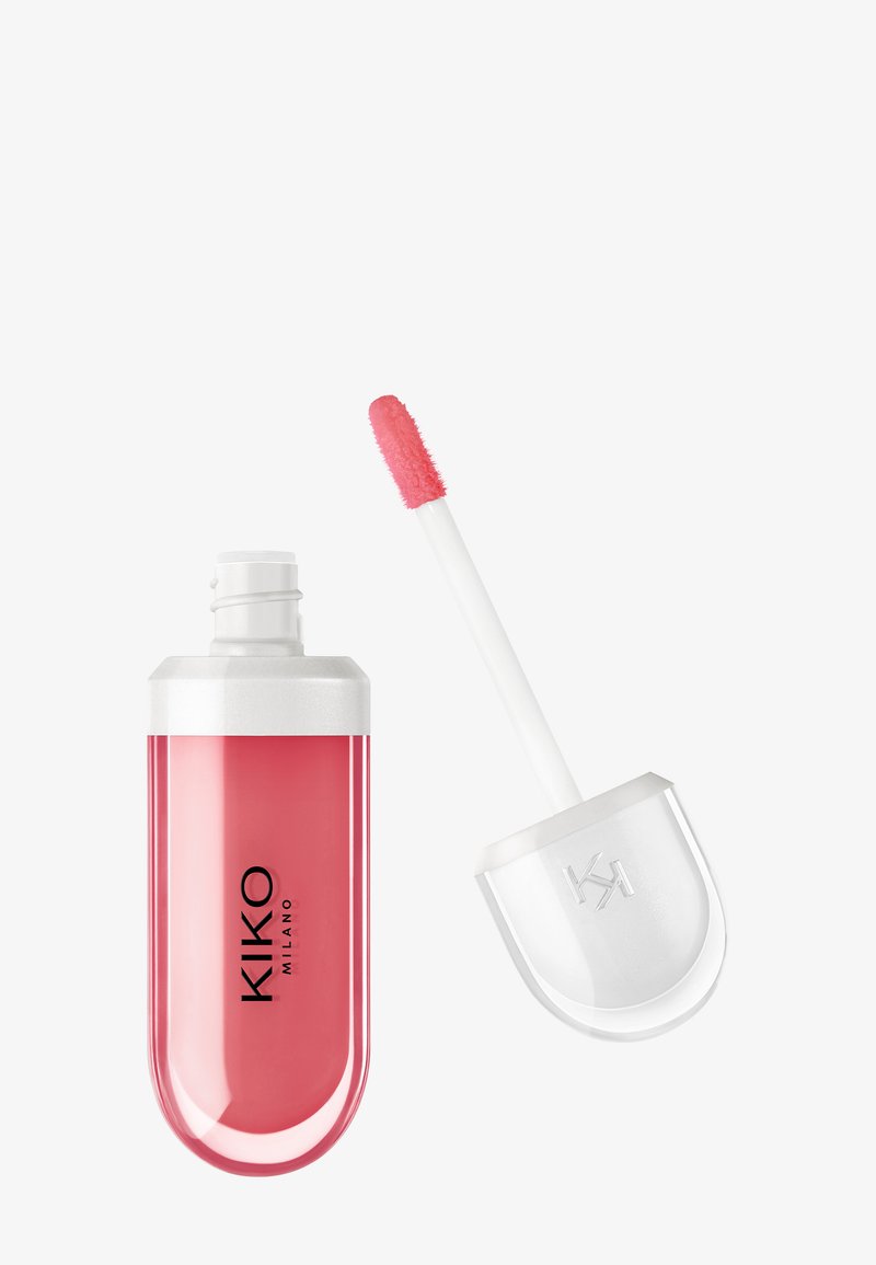 Gloss à lèvres rose avec bouchon blanc et applicateur, marque KIKO MILANO, sur fond blanc.