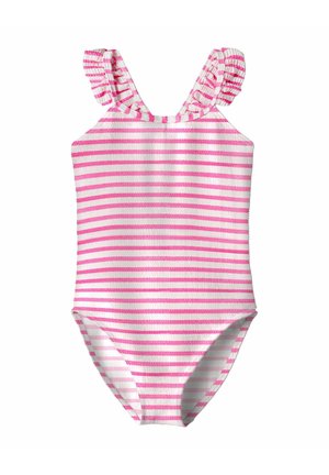 Maillot de bain une pièce pour filles avec des rayures horizontales roses et blanches et des bretelles à volants.