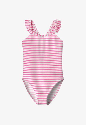 Maillot de bain une pièce pour filles avec des rayures horizontales roses et blanches et des bretelles à volants.
