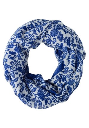 Lichte stof infinity sjaal met blauwe bloemen- en wijnrankpatronen op een witte achtergrond, gerangschikt in een cirkelvormige lus.