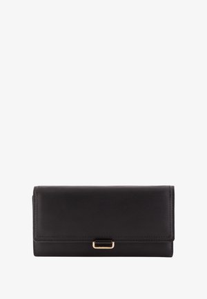 Black leather wallet with a smooth texture, fold-over design, and a gold-tone clasp accent on the front. Subtle stitching detail along edges.