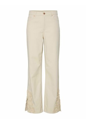 Pantalones de pierna ancha beige con cintura alta. Presentan detalles florales bordados en los dobladillos. Fabricados en tejido de algodón. Cierre de un solo botón.