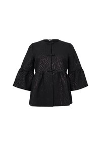 Schwarze Jacke mit strukturiertem, geprägtem Muster. Sie hat einen runden Ausschnitt, Vorderknöpfe und ausgestelltete Ärmel. Lässiges Design und lockere Passform.