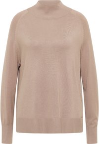 Beige trui met een hoge hals, lange mouwen, ribbelmanchetten en -zoom. Gladde textuur en lichte glans; heeft minimale branding op de zoom.