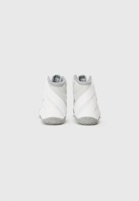 White and gray athletic shoes featuring a high-top design, smooth textile material, textured sole, and diagonal stripes on the sides.