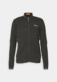 Sort zip-jakke med langeærmer, tekstureret stof, let glans, sidelomme med lynlås, vinkelret design og reflekterende grå accenter.
