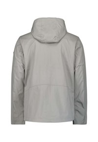 Lichtgrijze buitenjas van glad, waterafstotend materiaal; heeft een capuchon en een minimalistisch ontwerp zonder zakken of versieringen.