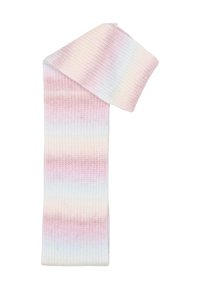Pleteni šal z gradientnim vzorcem v pastelno rožnati, beli in svetlo modri barvi. Mehka tekstura z rebrastim dizajnom.