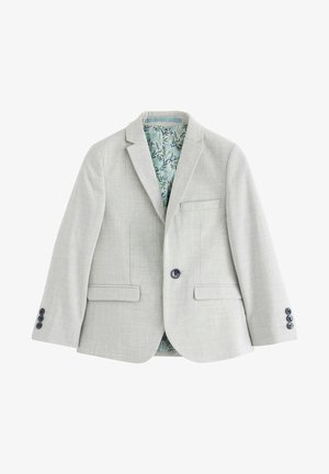 Blazer grigio chiaro con due tasche frontali, chiusura a singolo bottone e dettagli del bottone blu. Foderato con un tessuto a motivo foglia.