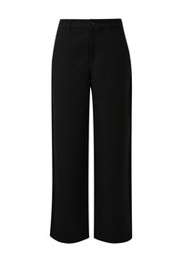 Pantalons larges noirs avec une texture lisse, dotés d'une fermeture par bouton à l'avant et de deux poches latérales. Design classique et polyvalent.