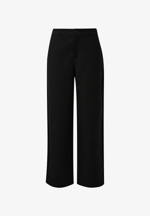 Schwarze weit geschnittene Hose mit glatter Textur, ausgestattet mit einem Knopfverschluss vorne und zwei seitlichen Taschen. Klassisches und vielseitiges Design.