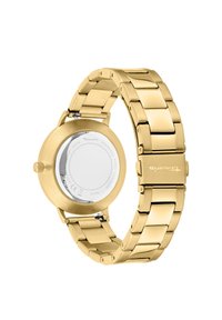 Goldfarbene Edelstahl-Uhr mit einem runden Gehäuse und einem Gliederarmband. Glatte Oberfläche und ein Verschluss mit Clip, mit einem Glasboden und eingravierten Details.