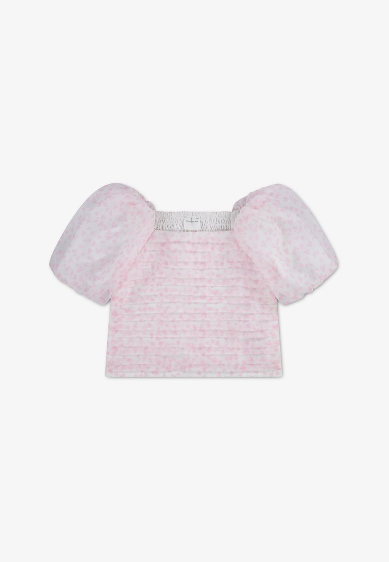 Τοπ με κοντά μανίκια και δομημένες ταινίες σε ανοιχτό ροζ, με φουσκωτά διαφανή μανίκια και διακριτικό μοτίβο καρδιάς στο ύφασμα.