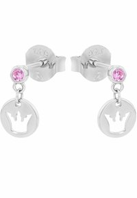 Pendientes de plata con una piedra preciosa rosa y un charm circular con un corte en forma de corona. El diseño incluye un detalle de gancho y colgante.