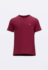 Bordó rövid ujjú póló puha anyagból, kerek nyakkal. Kis logóval a mellkason és enyhén megnyújtott szegéllyel hátul.