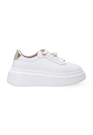 White sneaker with a smooth textile upper, thick white platform sole, rounded toe, and metallic gold accent at the heel. Decorative hardware on laces.