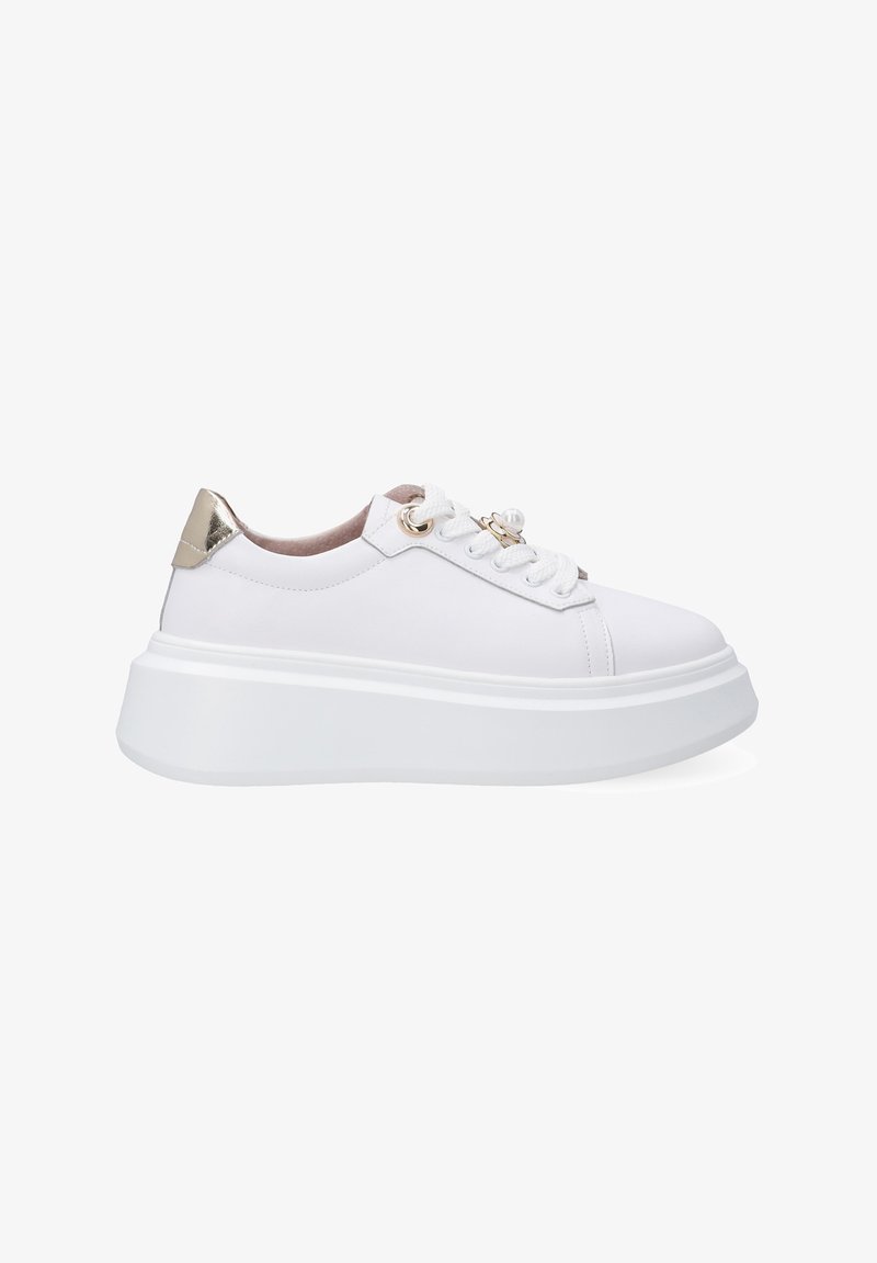 White sneaker with a smooth textile upper, thick white platform sole, rounded toe, and metallic gold accent at the heel. Decorative hardware on laces.