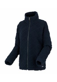 Navy blue full-zip fleece jacket with high collar, long sleeves, and quilted textured pattern.