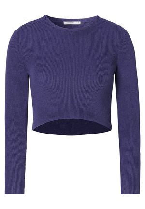 Pull cropped à manches longues côtelé en violet profond avec un col rond et une silhouette ajustée.