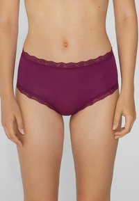 Burgunderfarbene Baumwollunterhose mit Spitzenrand am Bund und an den Beinöffnungen, verfügt über eine glatte Textur und ein vollflächiges Design.